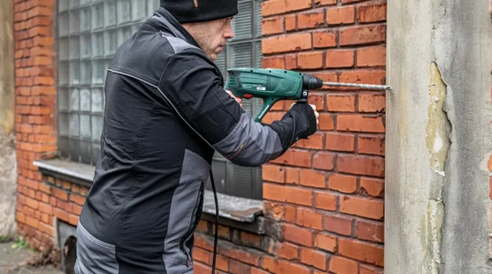 Řemeslník v pracovní bundě a kalhotách vrtá do zdi